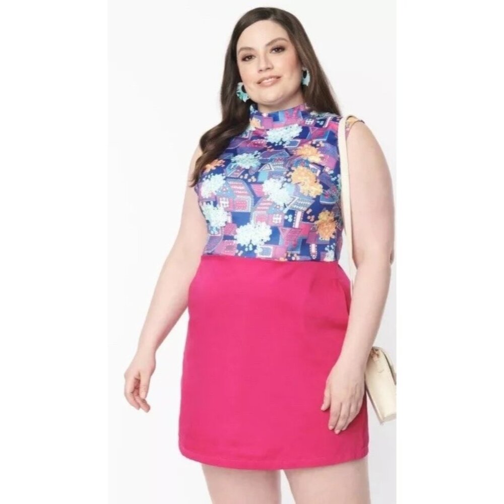 Smak Parlour 60s inspired mod mini dress size 1X 16 Houses and Flowers print New